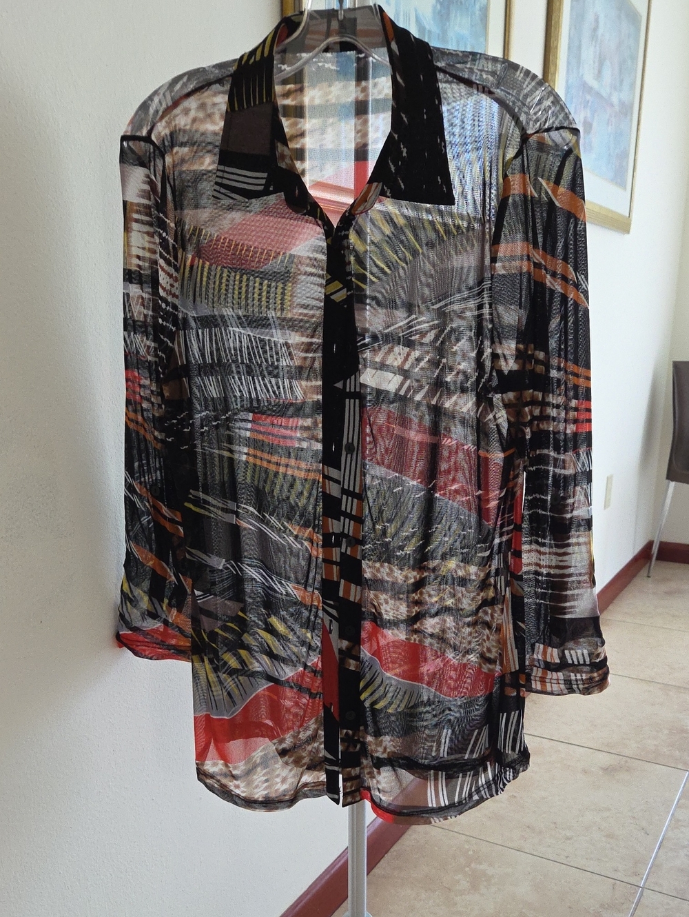 Sheer Abstract Print Button-Up Blouse in Multi-Color